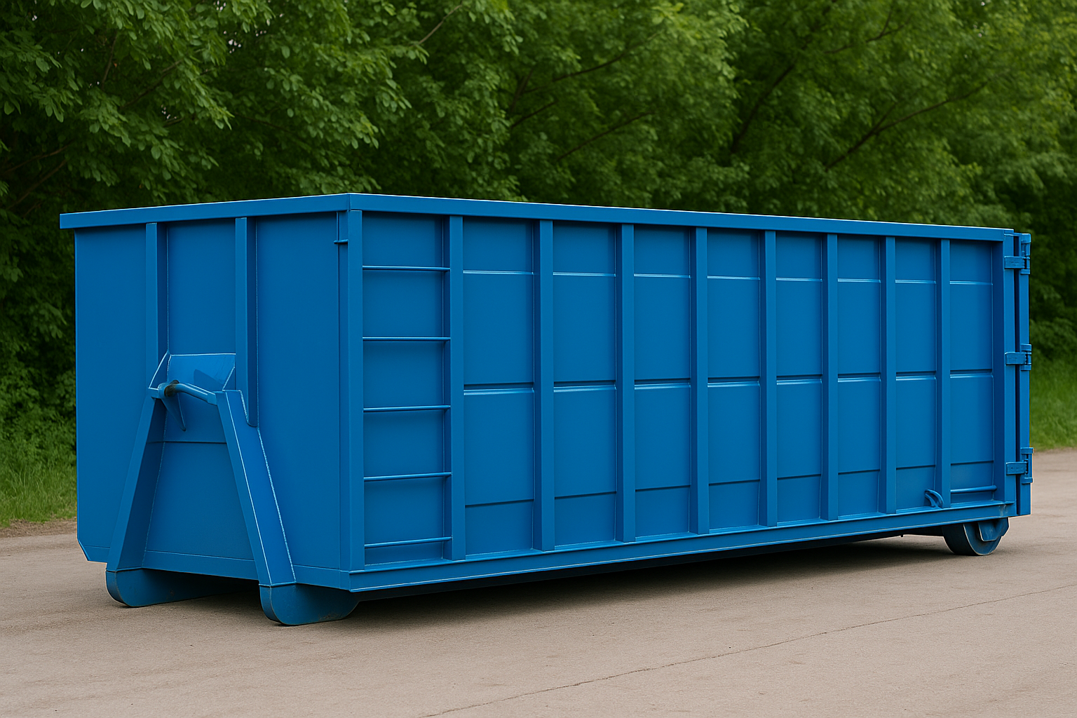 Blue waste disposal dumpster on a paved surface with green trees in the background.