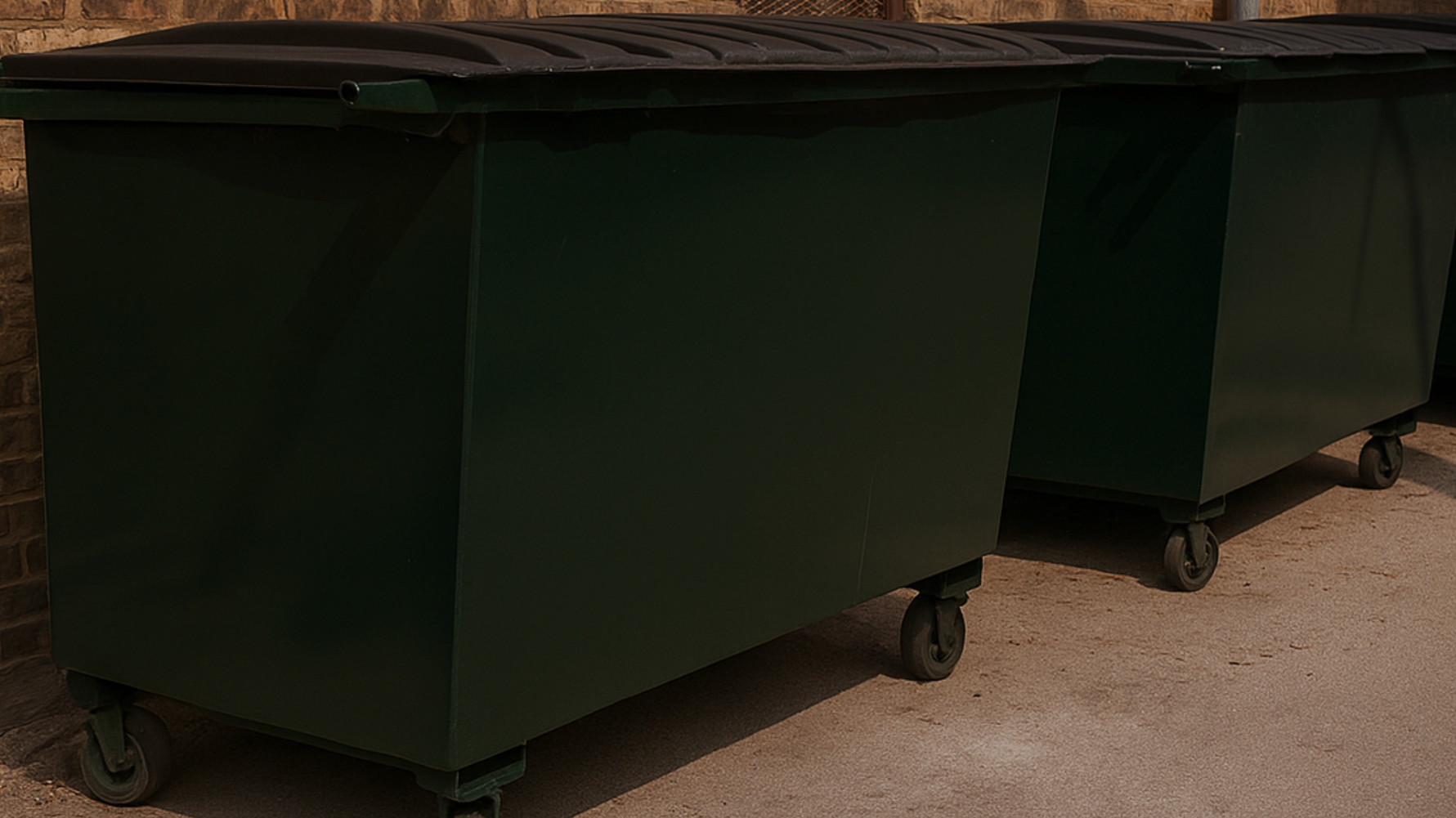 Two green trash bins with black lids on wheels, lined up on a concrete surface.