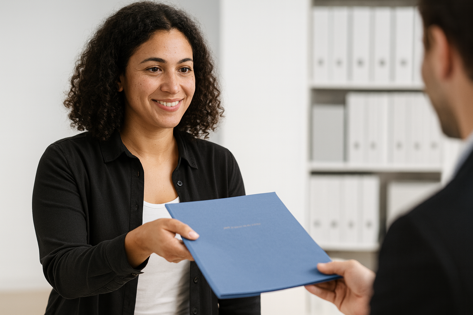 A woman with curly hair smiling as she hands a blue folder to a man in an office setting.