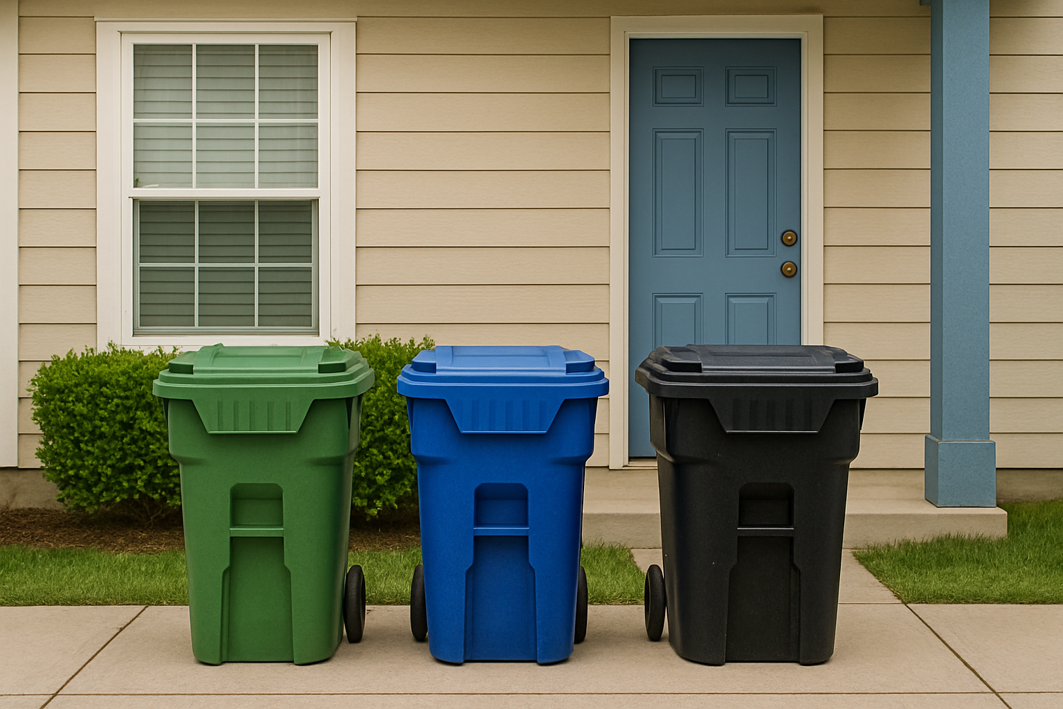 Three wheeled trash bins in green, blue, and black in front of a house with beige siding, a blue door, and a window with white trim.
