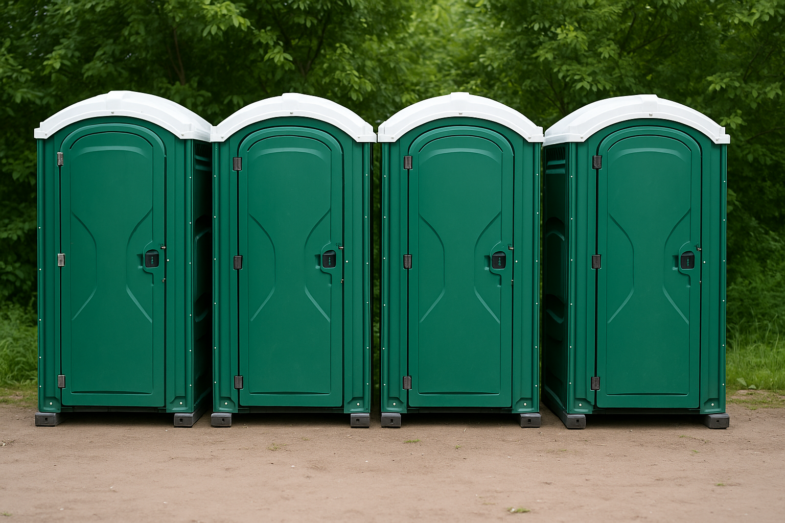 Four green portable toilets lined up outdoors on dirt ground with trees in the background.