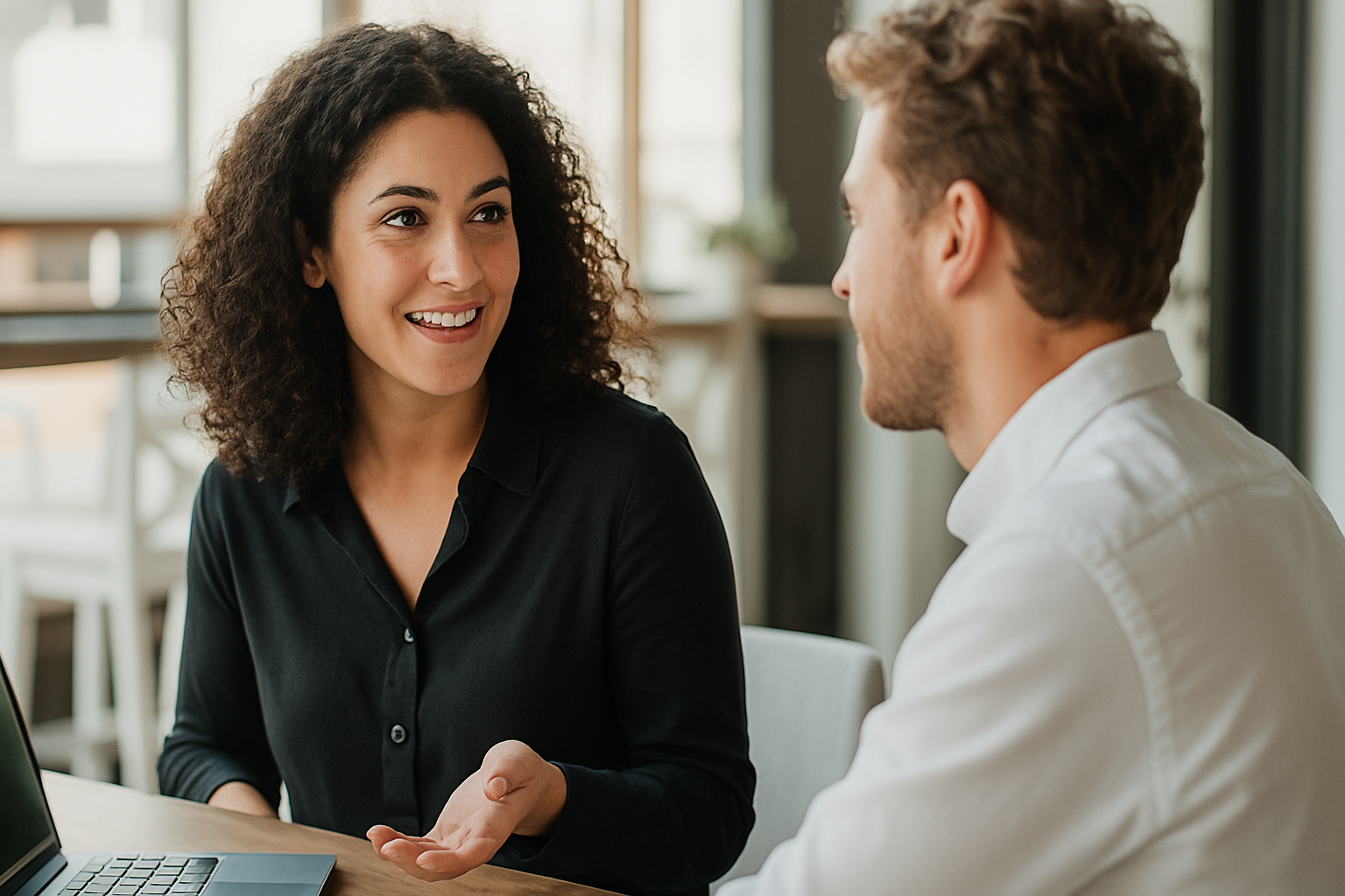 A woman with curly hair talking and smiling while sitting at a table with a man in a white shirt, in a bright office or cafe setting.