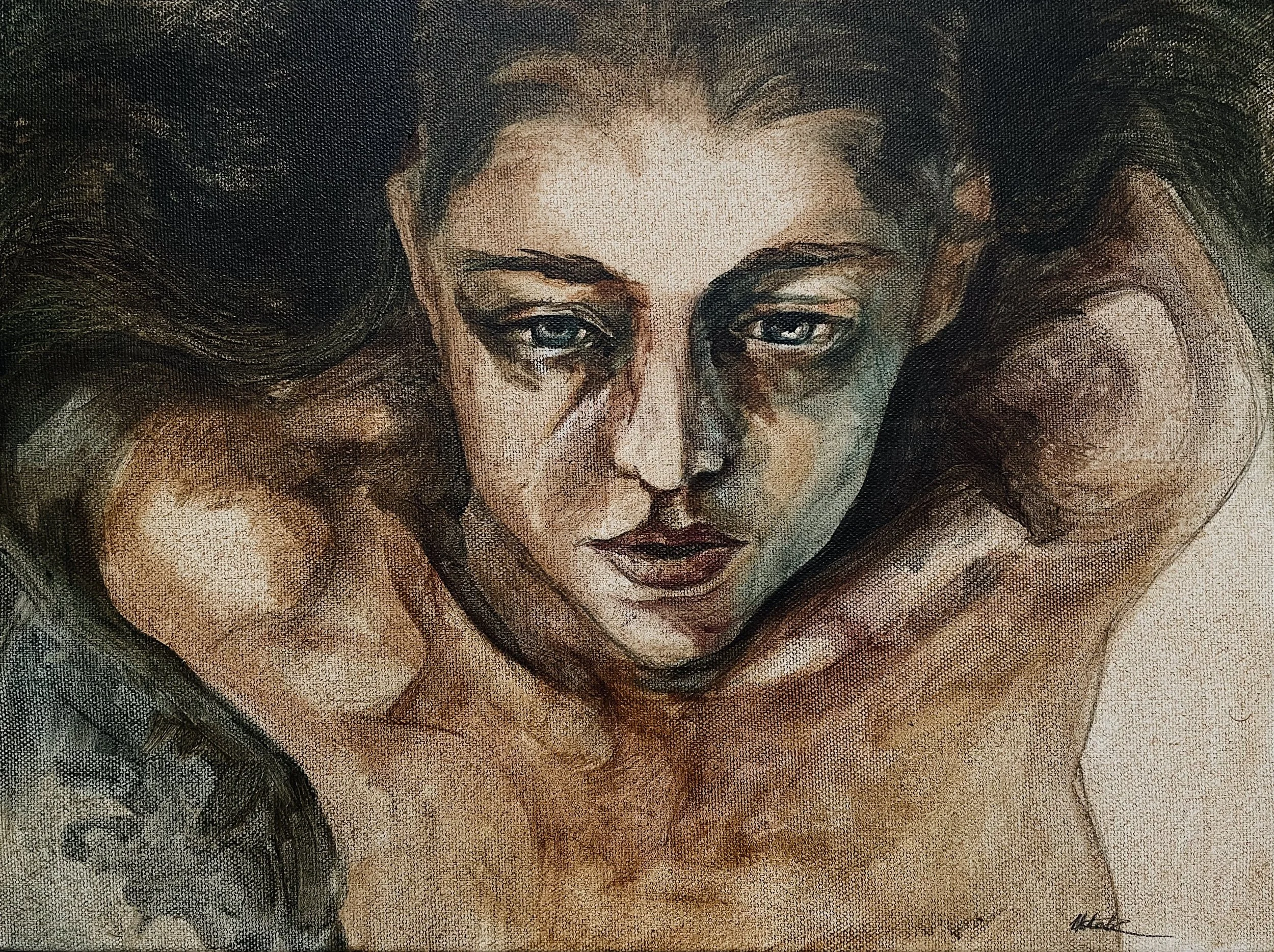 A close-up portrait of a woman with wavy hair, light makeup, and an intense expression.