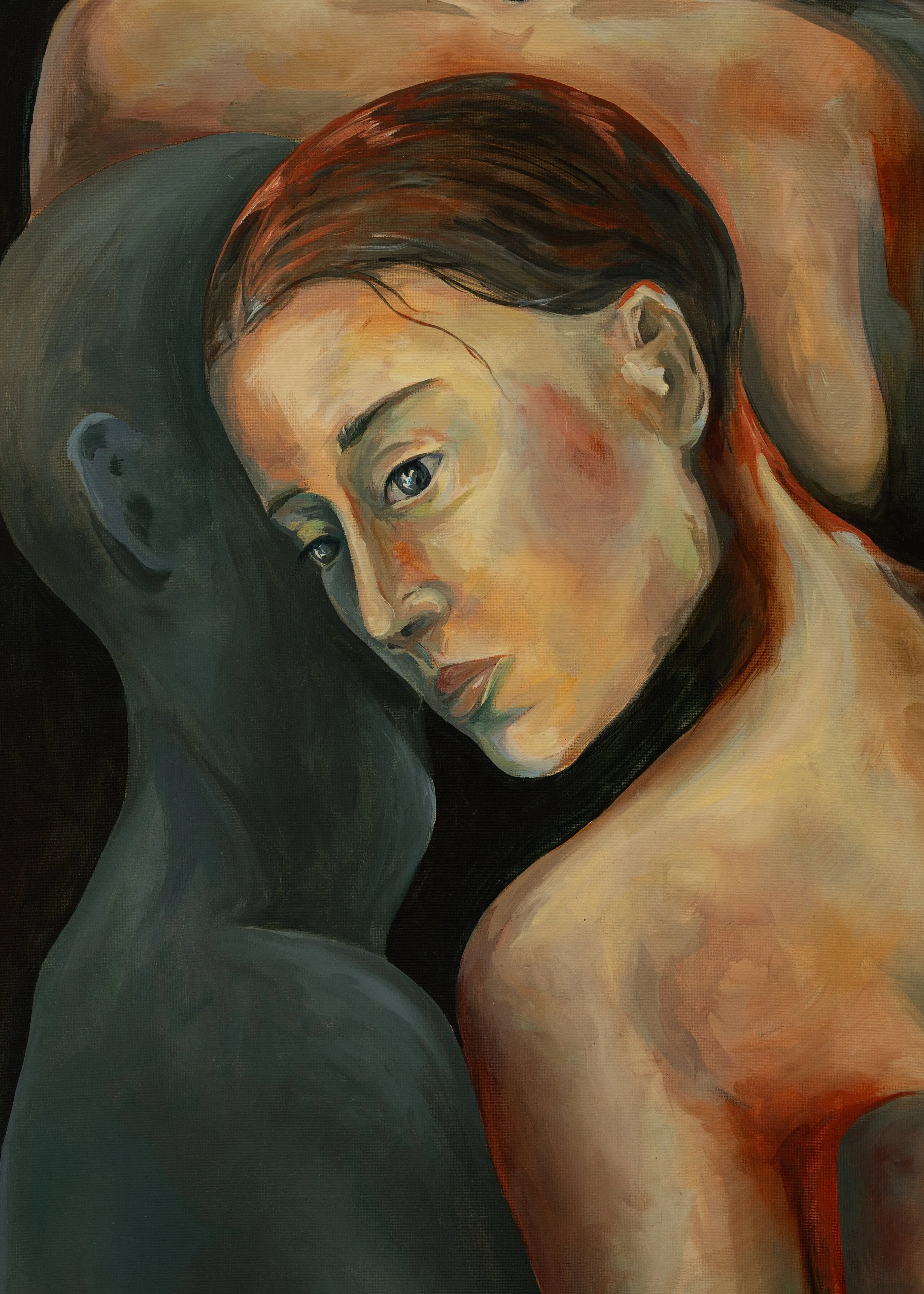 Close-up of a modern expressive painting showing a woman with auburn hair and light skin, resting her head on her arm, with a contemplative expression.