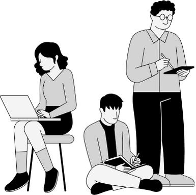 Black and white illustration of three young people: a girl sitting on a chair using a laptop, a boy sitting on the floor reading a book, and another boy standing and writing in a notebook.
