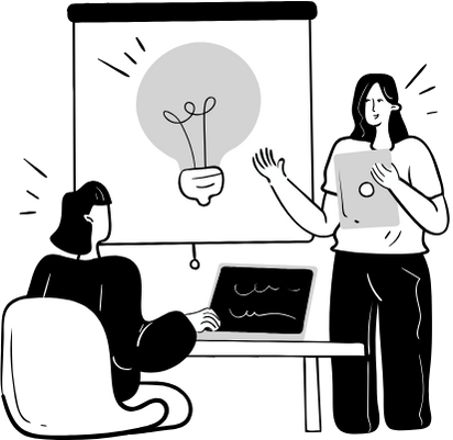 Two women, one standing and one sitting, in a meeting room with a whiteboard displaying a large lightbulb illustration. The woman standing is gesturing and holding a tablet, while the woman sitting is using a laptop.