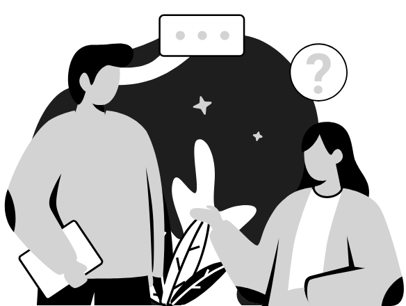 Two people, one holding a tablet, engaging in conversation. One person is gesturing with their hand, while the other has a question mark above their head, suggesting a discussion or inquiry. The scene includes decorative stars and a speech bubble.