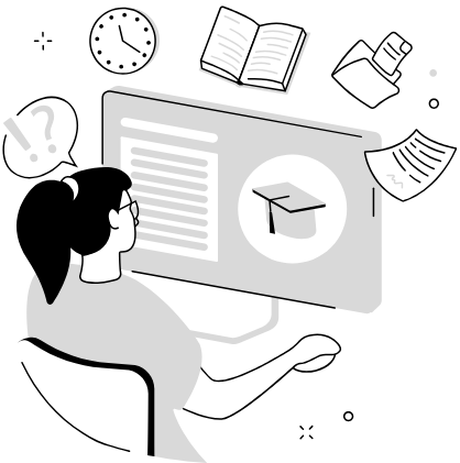 A person studying online on a computer with books, a clock, and papers around them.