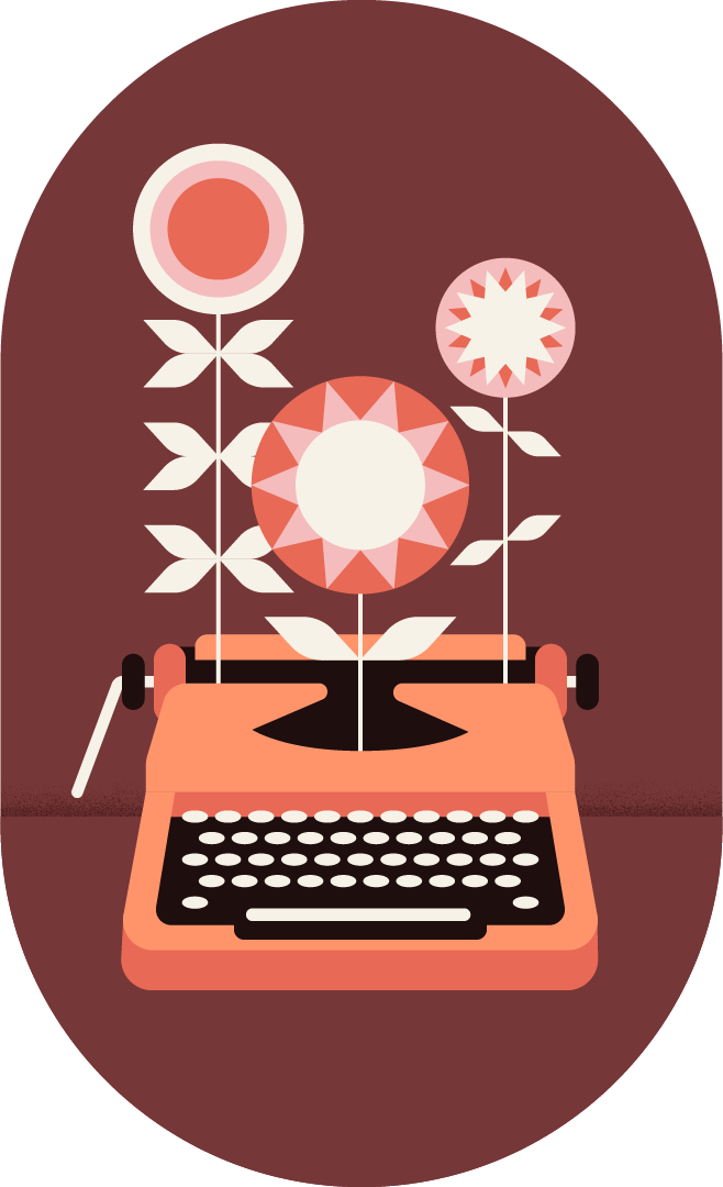 Geometric illustration of a typewriter with flowers growing out of the paper slot