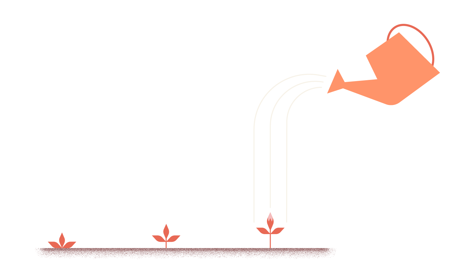 Geometric illustration of a watering can pouring water on growing flowers