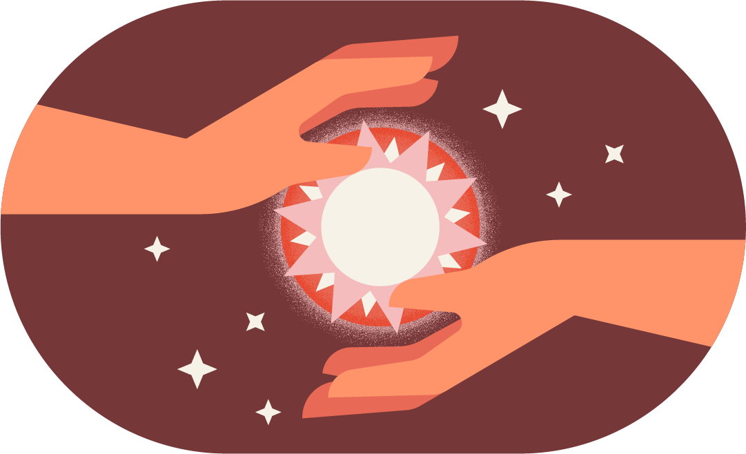 Geometric illustration of a sun being passed between two hands