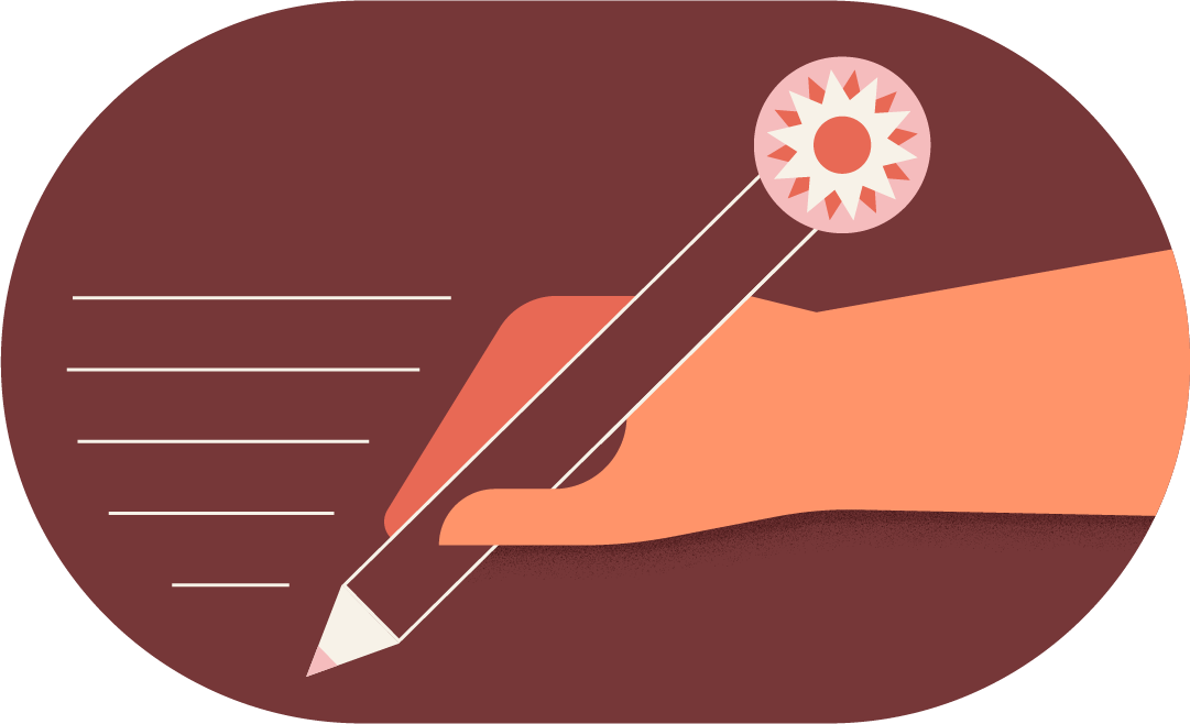 Geometric illustration of a hand writing lines with a floral pencil