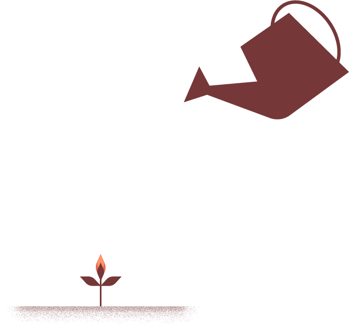 Geometric illustration of a watering can pouring water on a growing flower