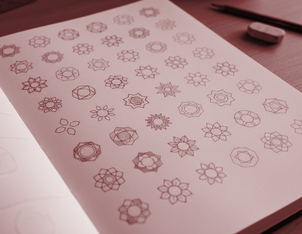 Open sketchbook with pencil-drawn variations of the Sunward logo