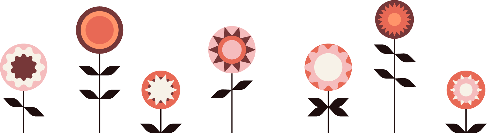 Geometric illustration of different types of blooming flowers
