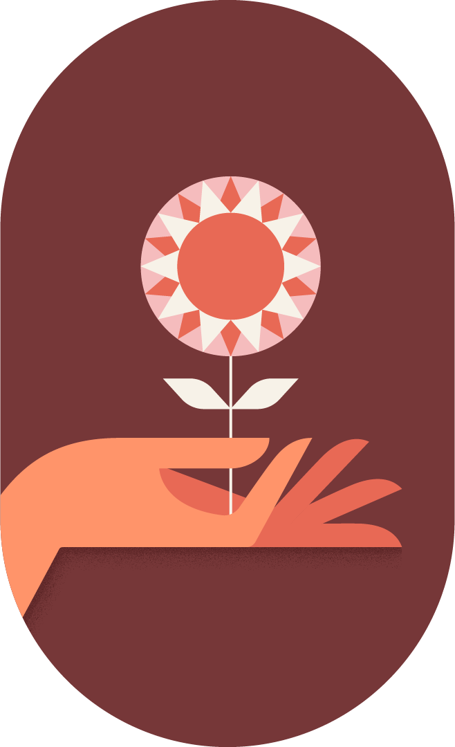 Geometric illustration of a hand offering up a flower