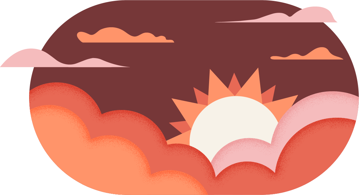 Geometric illustration of a sun shining behind layers of clouds