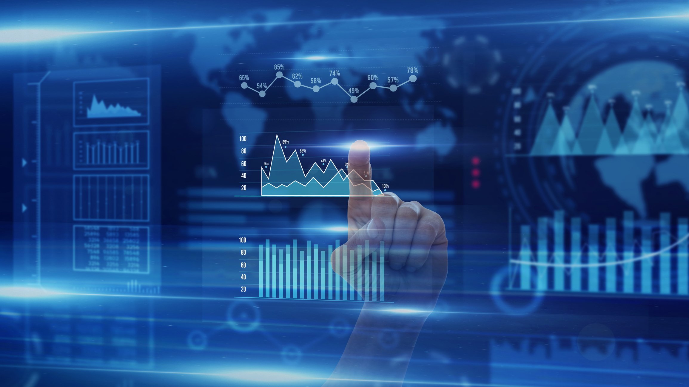A person touches a virtual screen displaying various financial charts and graphs in a digital interface.