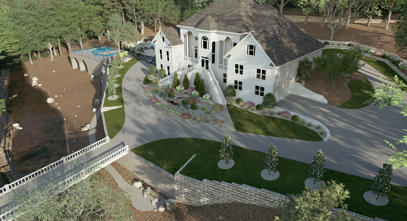 A large white mansion with a steep roof and multiple windows, surrounded by landscaped grounds with green grass, a curved driveway, and trees. There is a basketball court and outdoor seating area in the backyard.