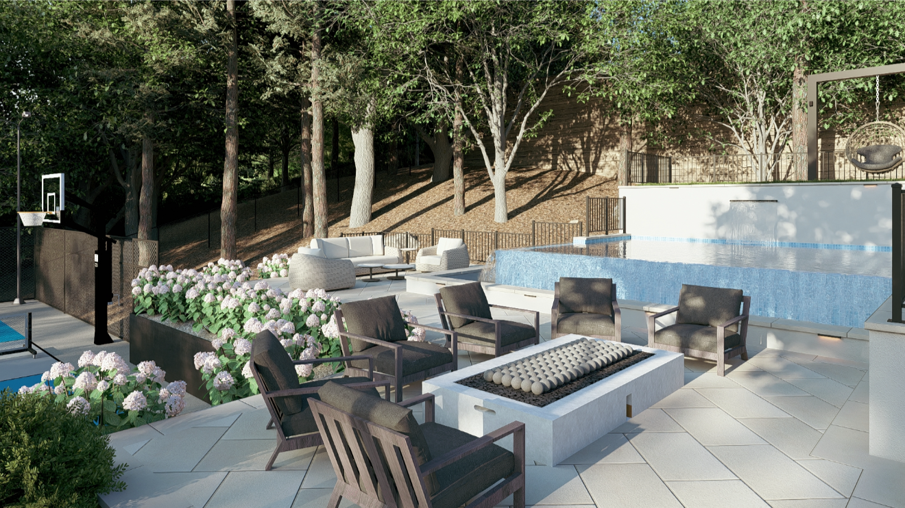 Modern outdoor backyard with seating area, fire pit, swimming pool, and trees in the background.