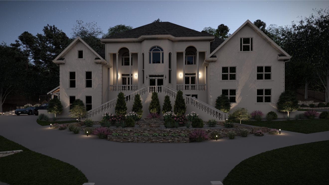 A large, illuminated mansion with a front staircase, surrounded by landscaped gardens and trees, nighttime.