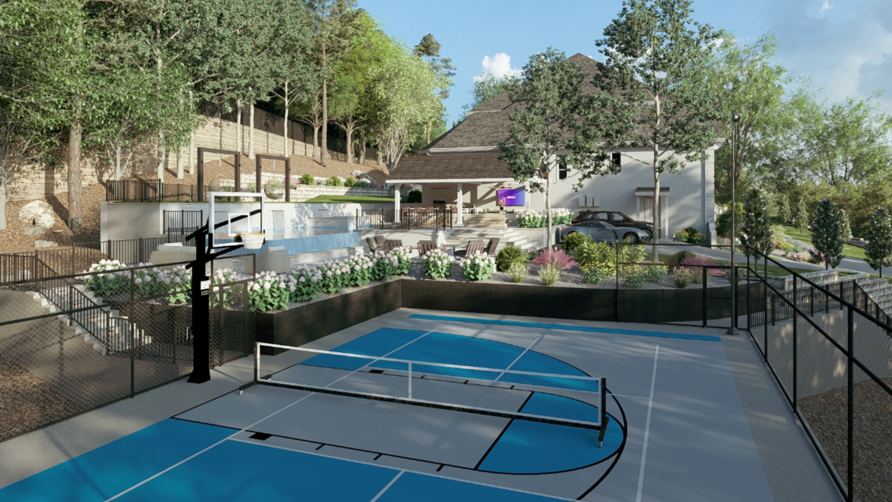 A recreational area with a basketball court and a swimming pool surrounded by trees and landscaping.