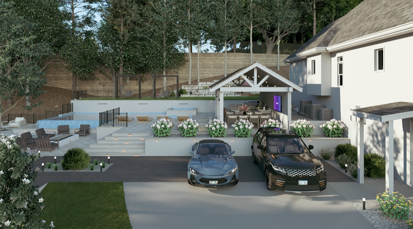 A modern backyard with a swimming pool, lounge chairs, and outdoor seating area. There are two black cars parked in the driveway in front of the house, which has white exterior walls and a covered patio with a large screen. The yard is landscaped wit