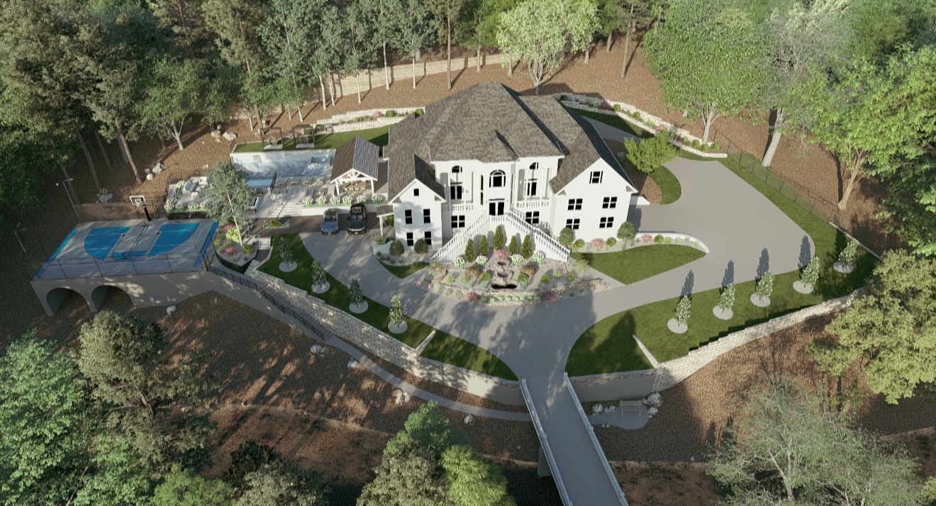 A large white mansion with multiple stories surrounded by landscaped gardens, trees, and a winding driveway. Features include a backyard pool area with a basketball hoop, a separate covered patio, and a basketball court.