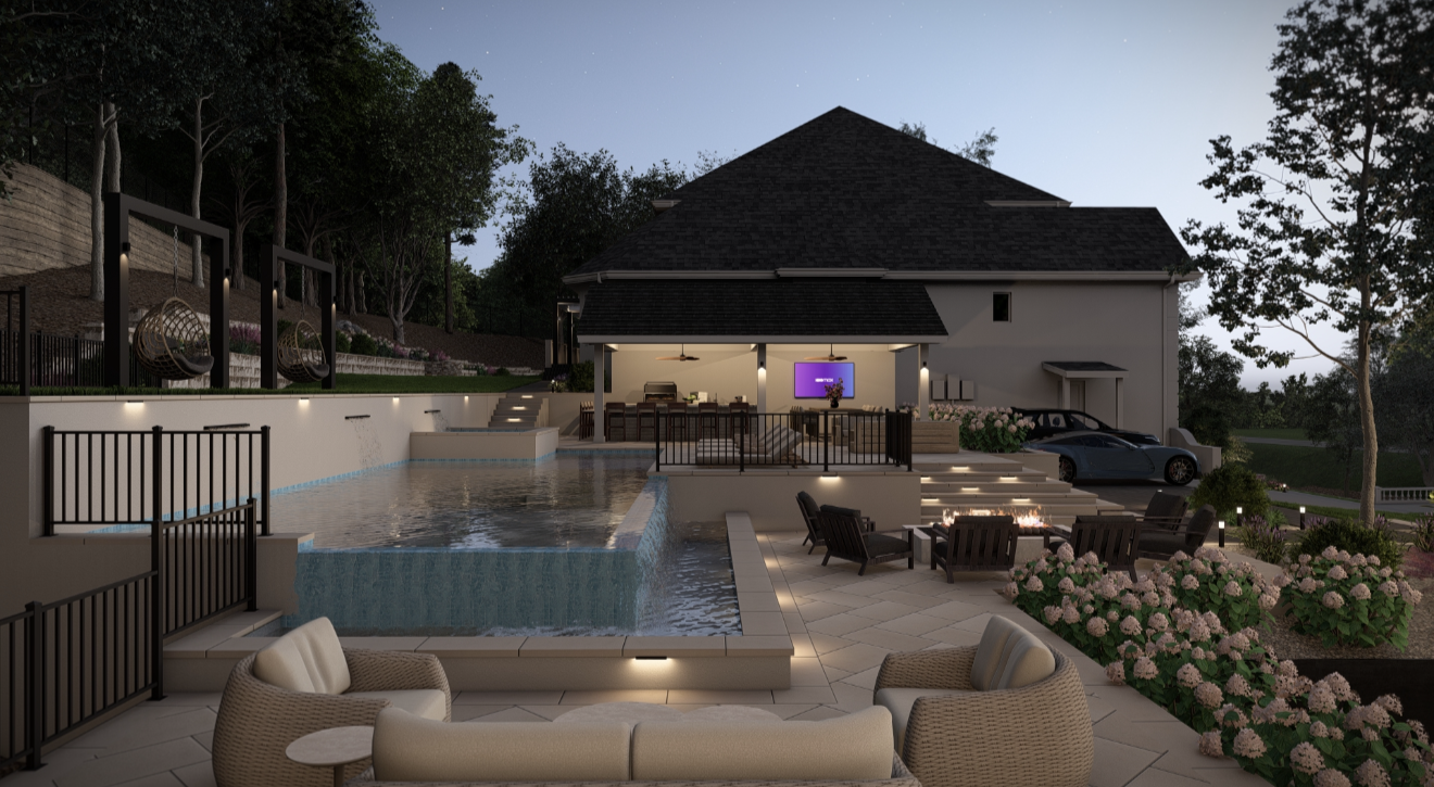 A backyard at dusk featuring a swimming pool with a hot tub, outdoor seating area with a fire pit, and a house with an outdoor lounge and dining area, surrounded by landscaping and trees.