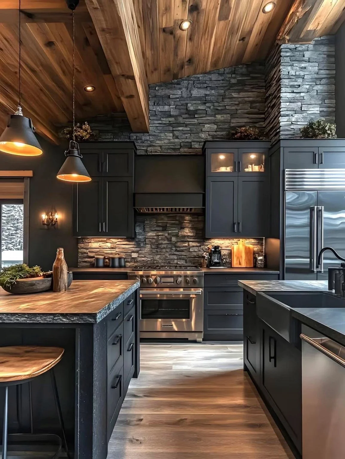 Kitchen with a vaulted wood-plank ceiling, textured stone walls, charcoal cabinetry, and oversized dark pendants.