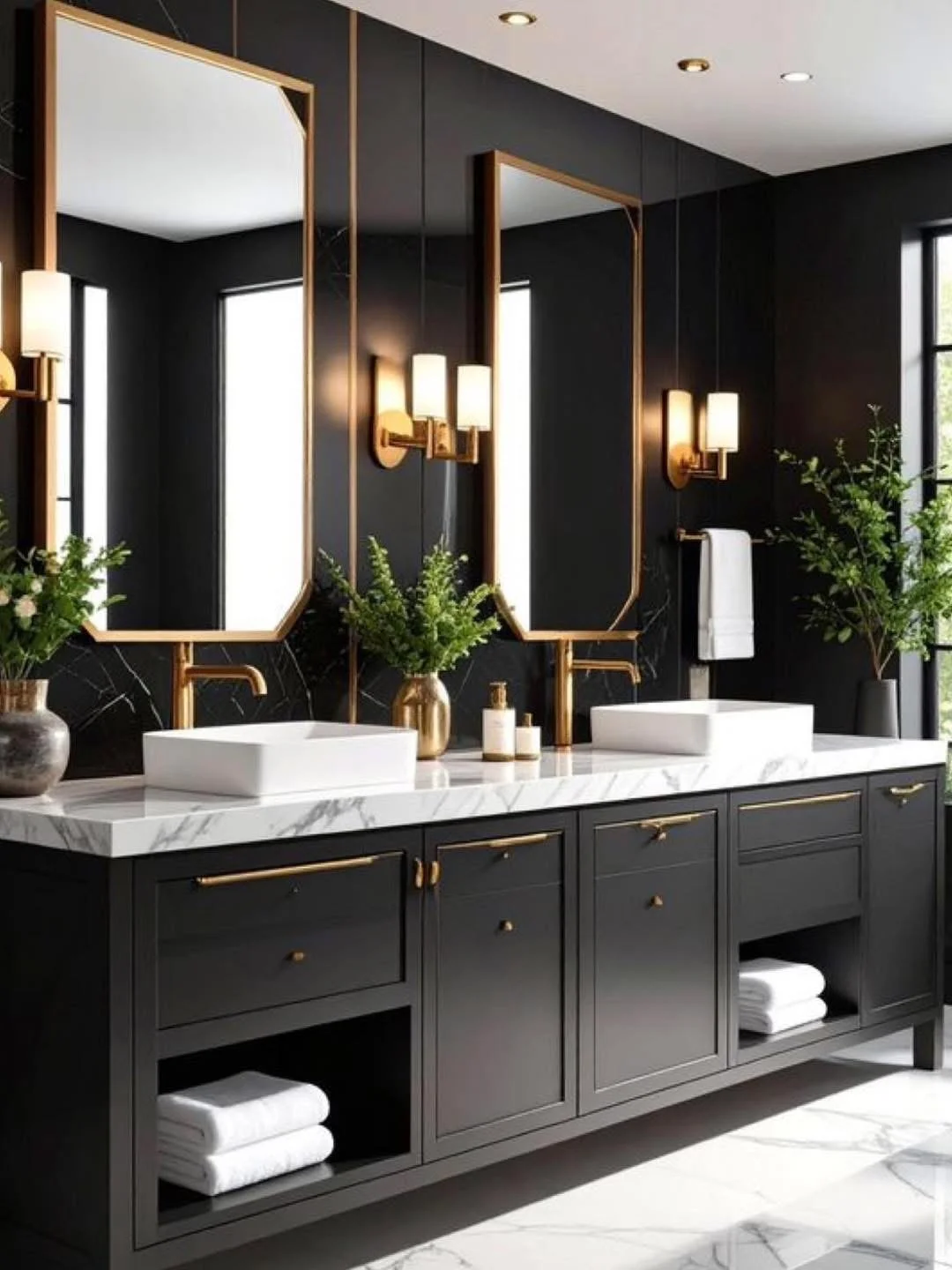 Black double vanity with white marble, brass fixtures, and tall brass-framed mirrors.
