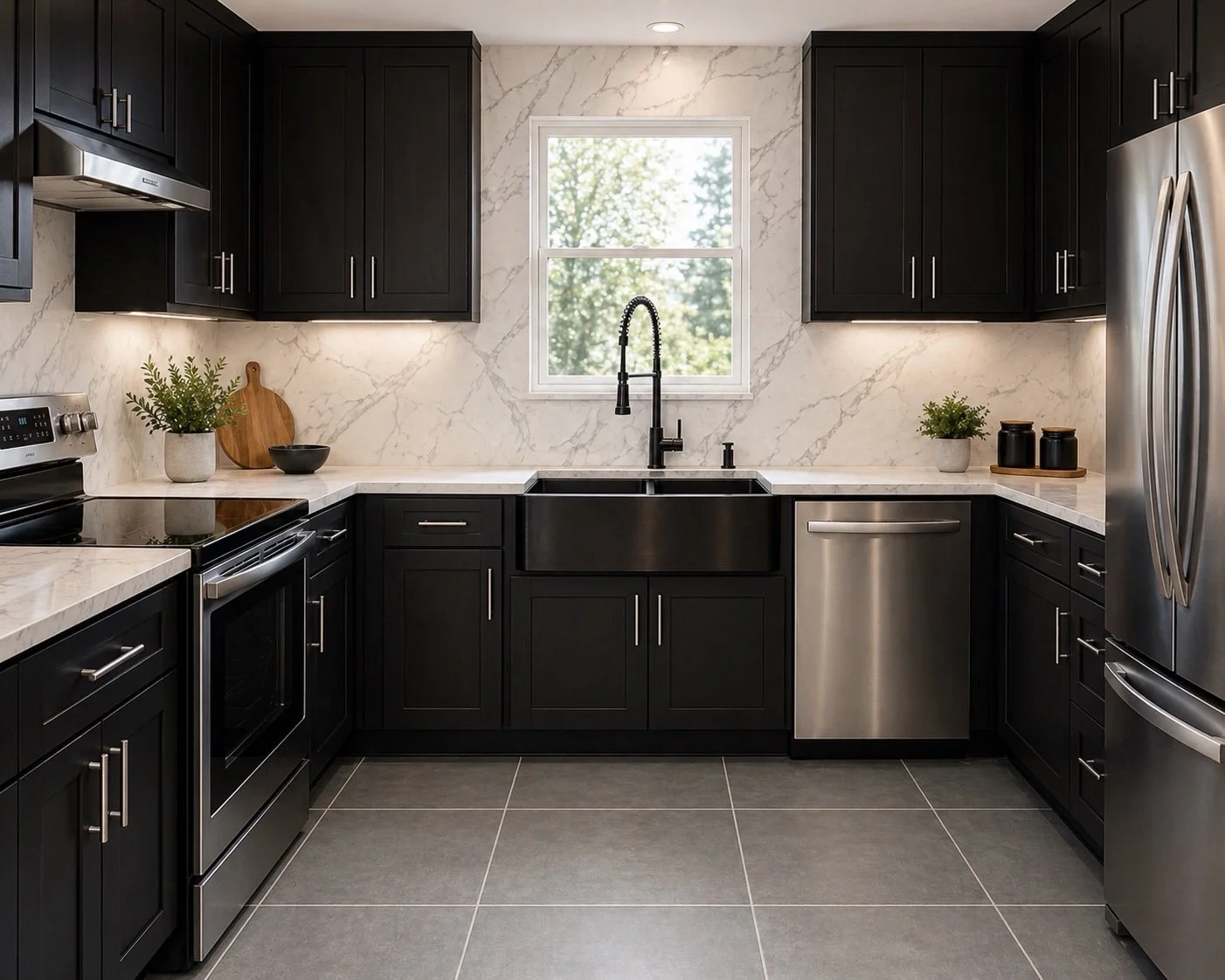 After: renovated kitchen with black Shaker cabinetry, white marble-look surfaces, a farmhouse sink, and stainless steel appliances.