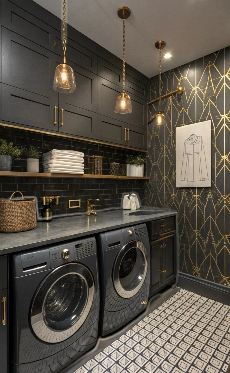 Laundry room with black cabinetry, brass hardware and pendants, graphic gold wall treatment, and a patterned floor.