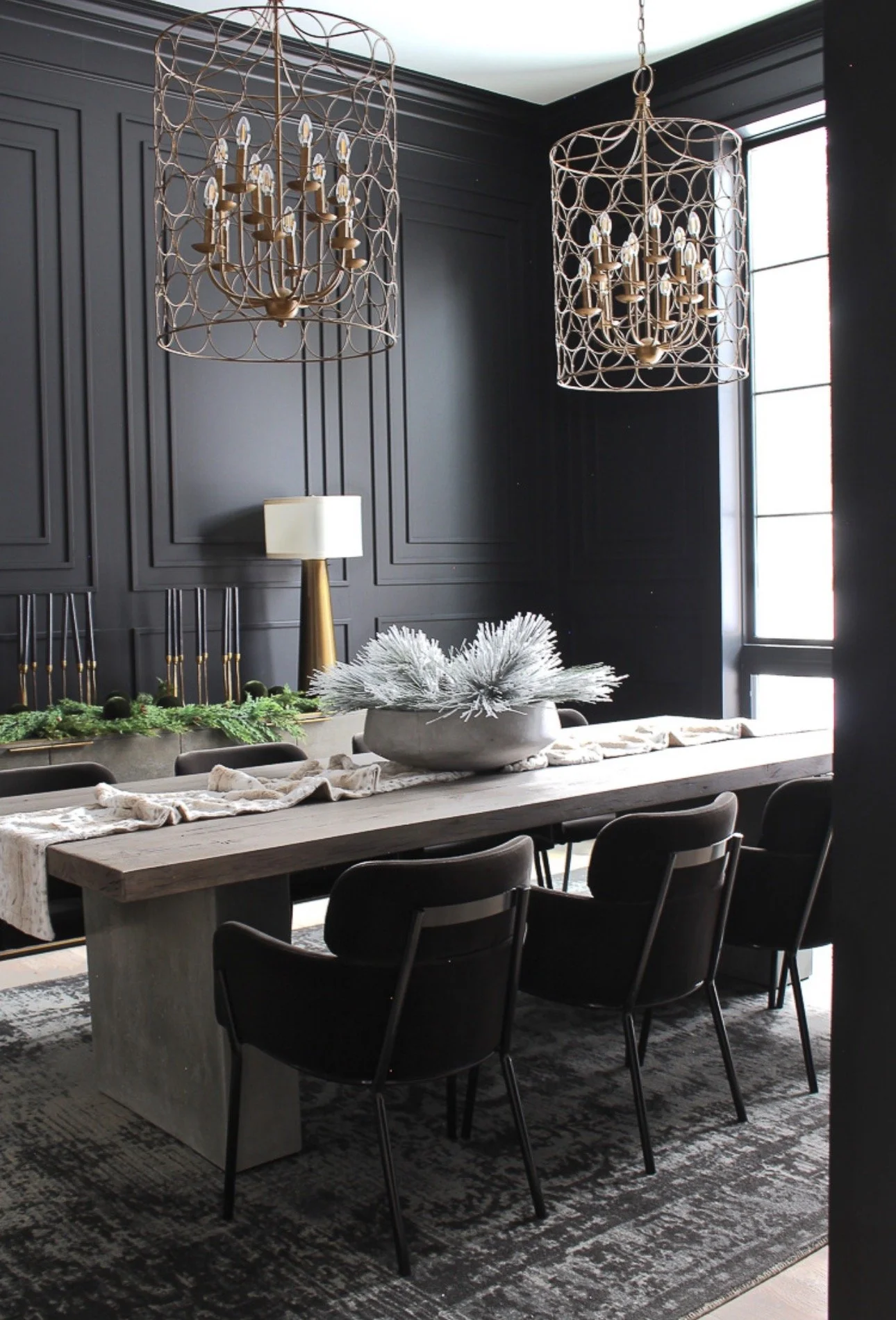 Dining room with sculptural lighting from The Lumen Project