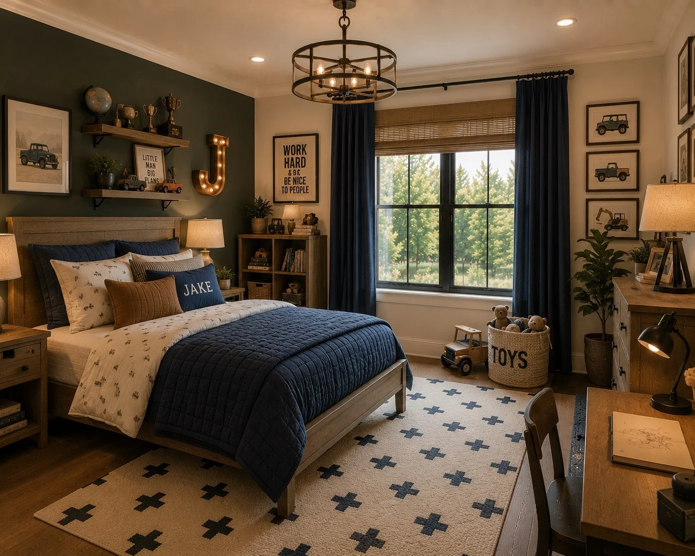 Boy’s bedroom with navy bedding and curtains, warm wood furnishings, a study desk, bookshelves, and toy storage.