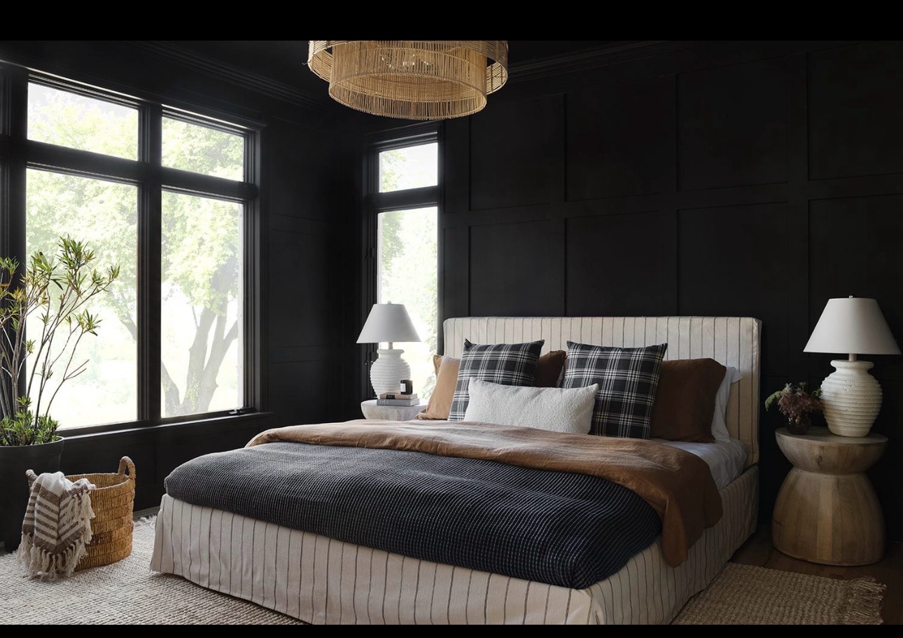 Layered bedroom with dark paneled walls from The Selene Project