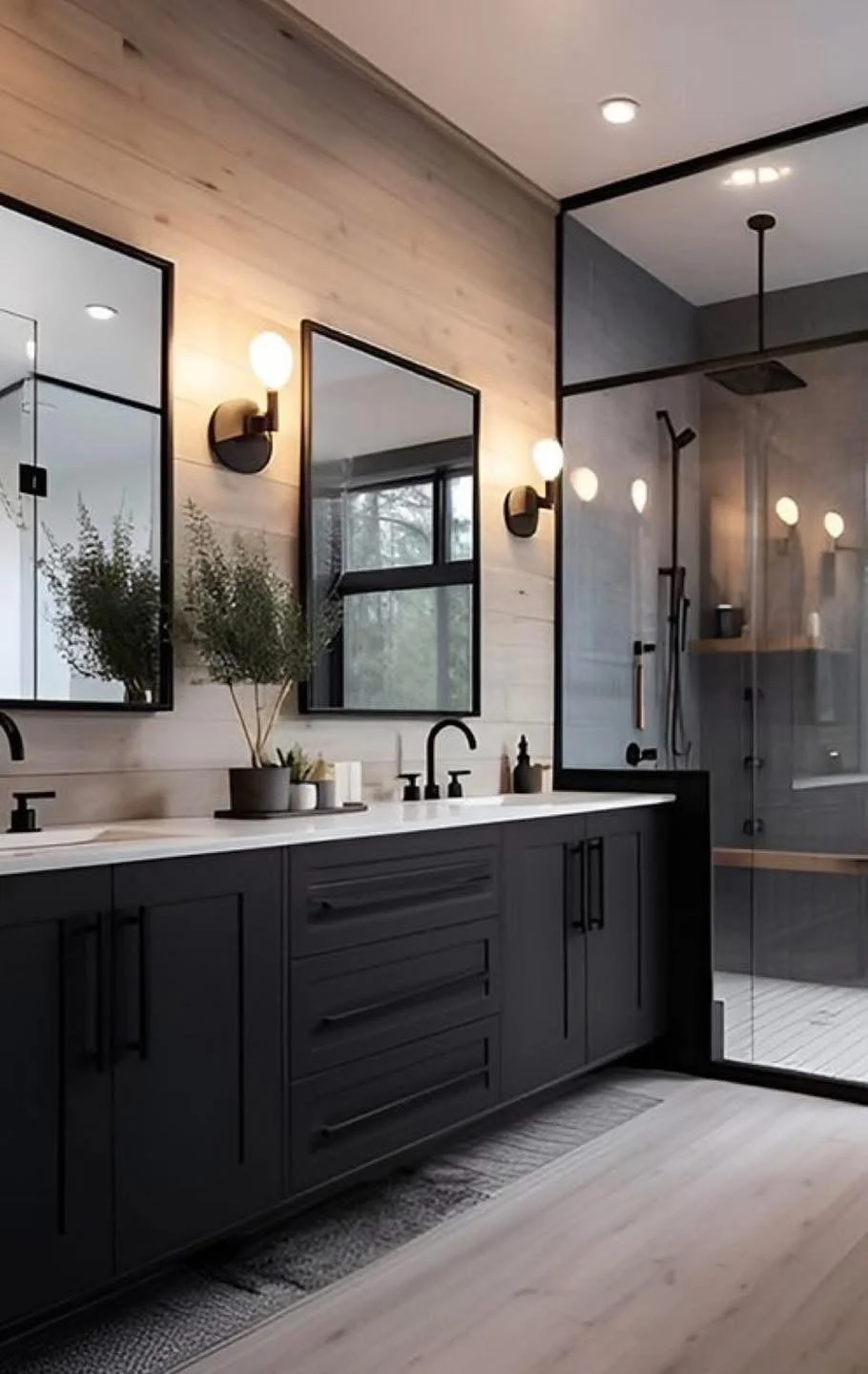 Light contemporary bathroom with a double vanity and glass-enclosed shower.