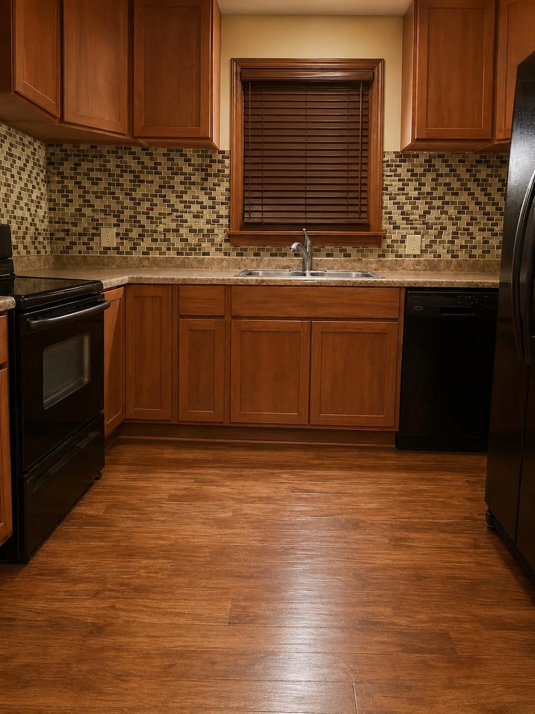 Before: original kitchen with warm wood cabinetry, mosaic backsplash, and brown flooring.