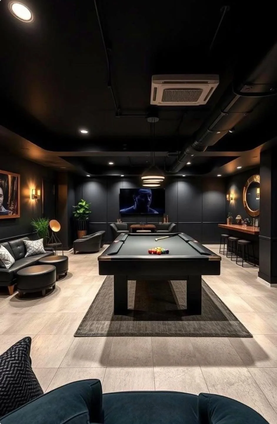 Dark entertainment room with a pool table, layered seating, television, warm wall lighting, and a dedicated bar.