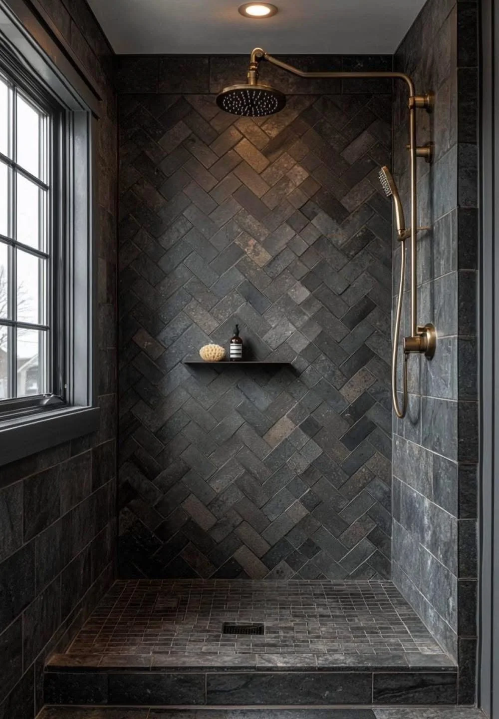 Dark herringbone-tile shower with warm-metal fixtures.