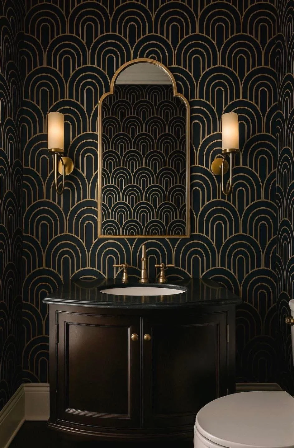Art Deco powder room with black-and-gold patterned walls and an arched brass mirror.