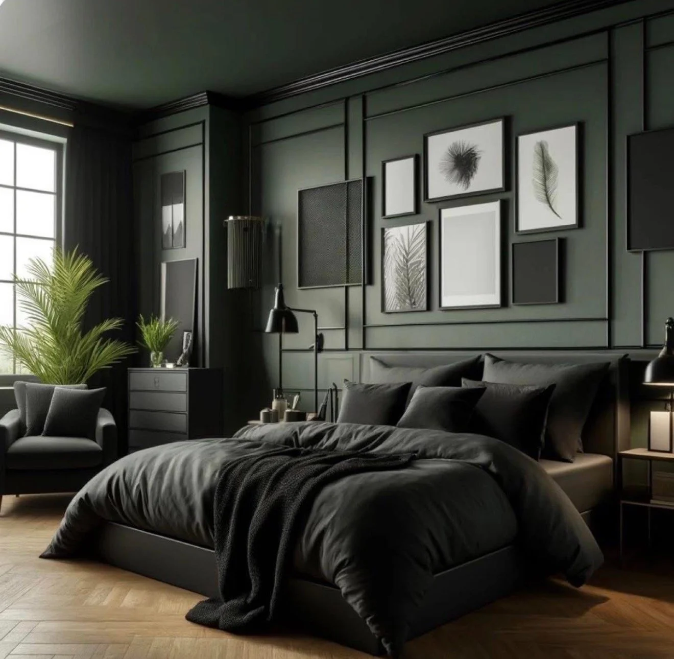 Dark-green bedroom with paneled walls, gallery artwork, layered charcoal bedding, and warm wood flooring.