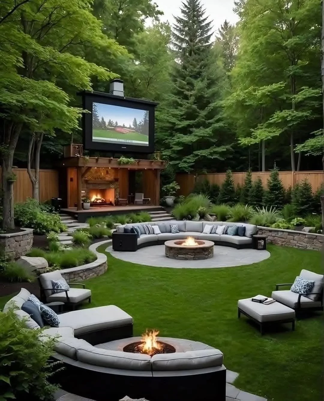 Landscaped backyard with an outdoor theater, fire features, and curved seating areas.