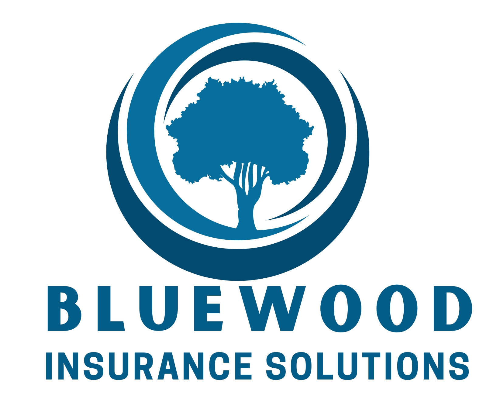 Logo featuring a blue tree encased in swirling circular lines with the text 'Bluewood Insurance Solutions' beneath it.