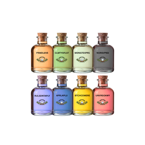 Eight glass bottles with cork stoppers arranged in two rows, each labeled with a unique code and containing different colored liquids.