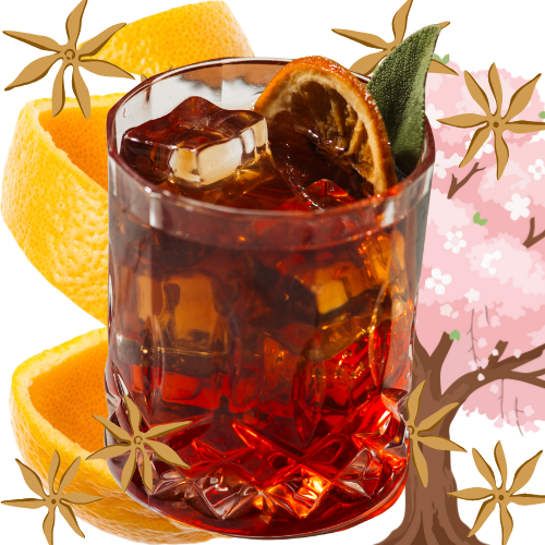 A glass of dark iced drink garnished with a slice of orange and a sage leaf, surrounded by orange peels and star-shaped anise pods.