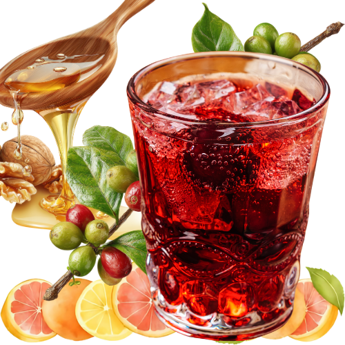 A glass of red berry-flavored beverage with ice, surrounded by green and red berries, lemon and grapefruit slices, and a honey dipper with honey. coffee-cocktail. coffeeologist. coffee-lifestyle.