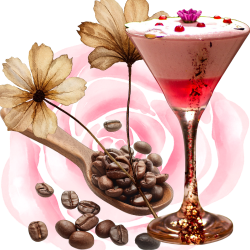 A pink cocktail in a martini glass with decorative flower toppings, surrounded by coffee beans, dried flowers, and a wooden spoon. coffee-cocktail. coffeeologist. coffee-lifestyle.