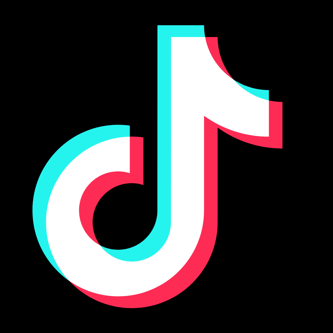 TikTok logo with a black background, featuring a music note design in white with cyan and pink shadows.