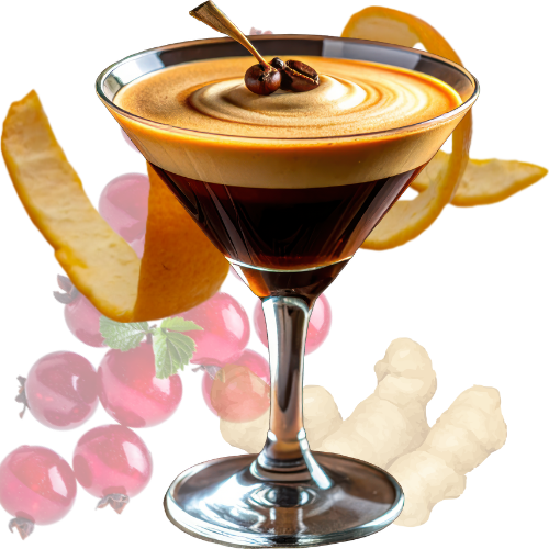 An Espresso Martini cocktail garnished with coffee beans, surrounded by lemon slices, red cherries, a mint leaf, and pieces of ginger on a clear background.